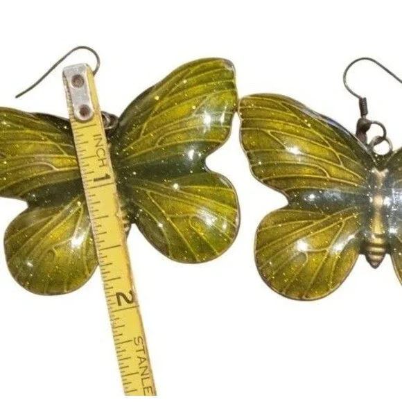 Butterflies Large Statement Moss Green Glitter Enamel Butterfly Pierce Earrings - Picture 2 of 7